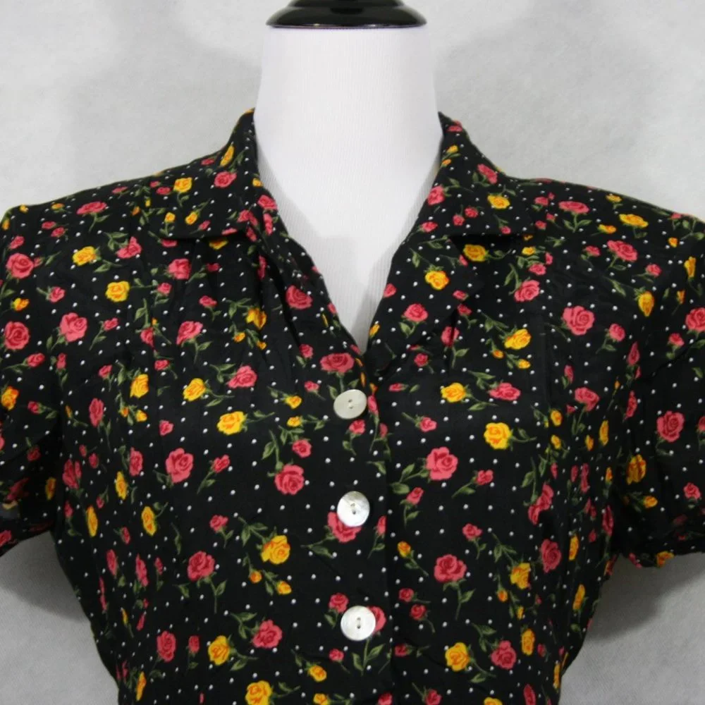 Vintage 50’s DJI Black Rayon Floral Midi Dress w/ Drawstring Belt SZ 10 EUC - Picture 2 of 8
